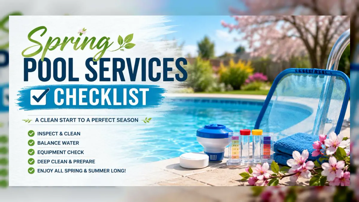Spring pool services checklist beside an open pool with test kit and chemicals ready for the season